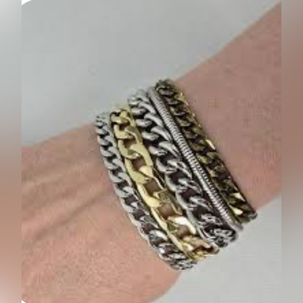 Jenny Bird multi-tone multi string gold and Silver Chain Link Cuff Bracelet